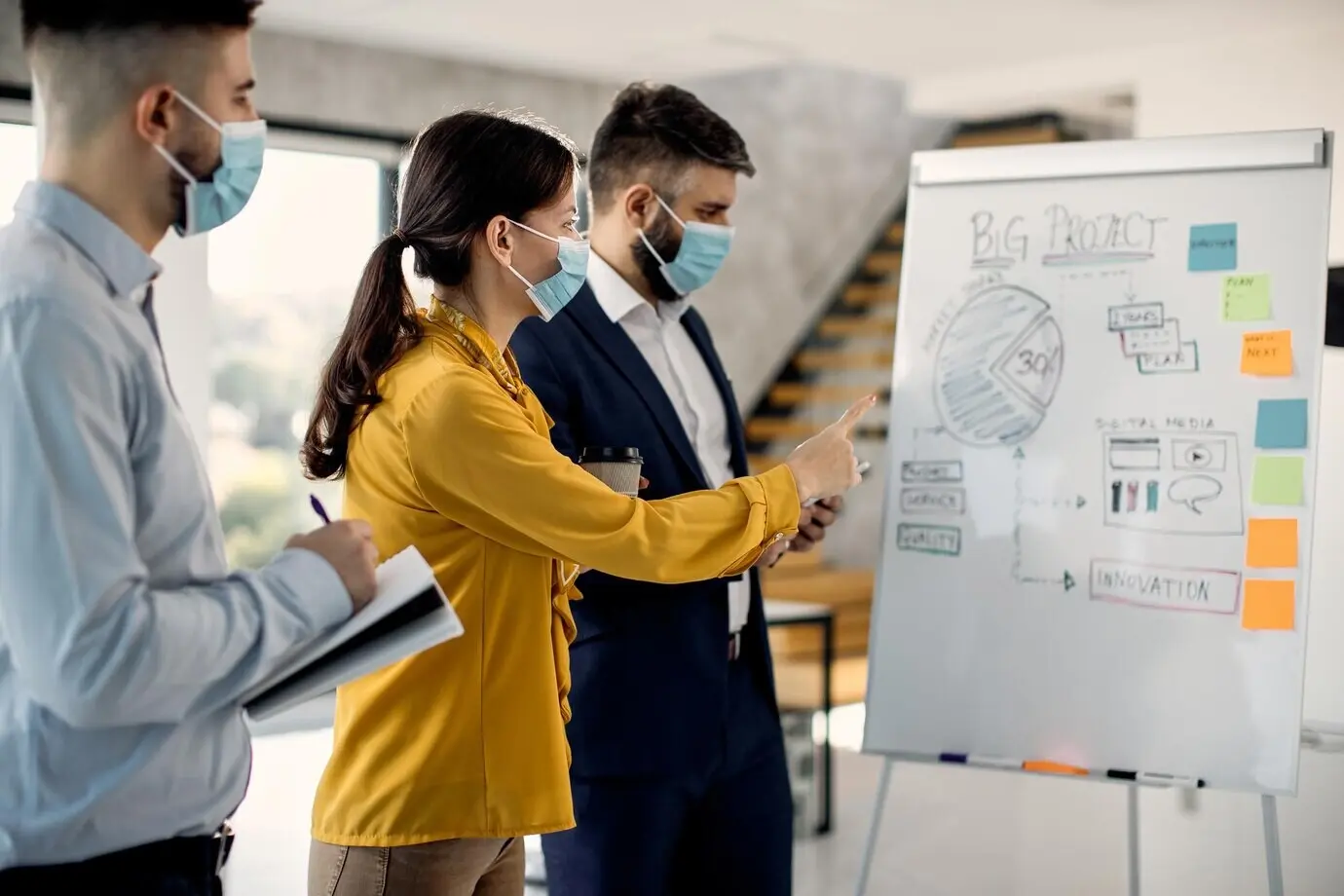 Команда предпринимателей обсуждает новую бизнес-стратегию на белой доске в связи с пандемией COVID-19.